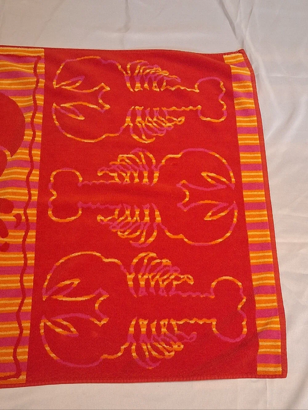 Vtg 90s Palm Cove Lobster Beach Towel Red Orange Pink Ocean 57x30 Inch Retro